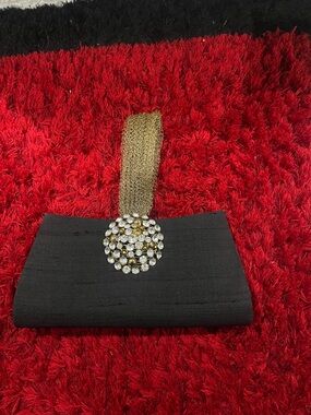 Black Evening Clutch with Gold Strap and Crystal Accent